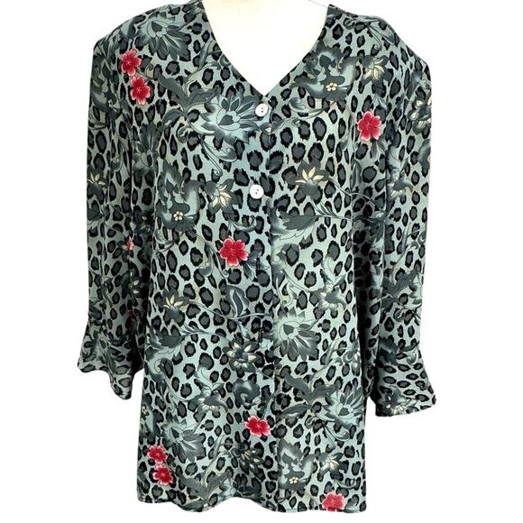 Stunning! Y2K Leopard Print Blouse,No Size, Button Up ,Flare Wrists,Gypsy,Office - Picture 1 of 7